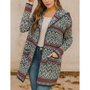 ASPEN Womens Wool Chunky Gray Fair Isle Nordic Open Front Sweater sz M Cabincore